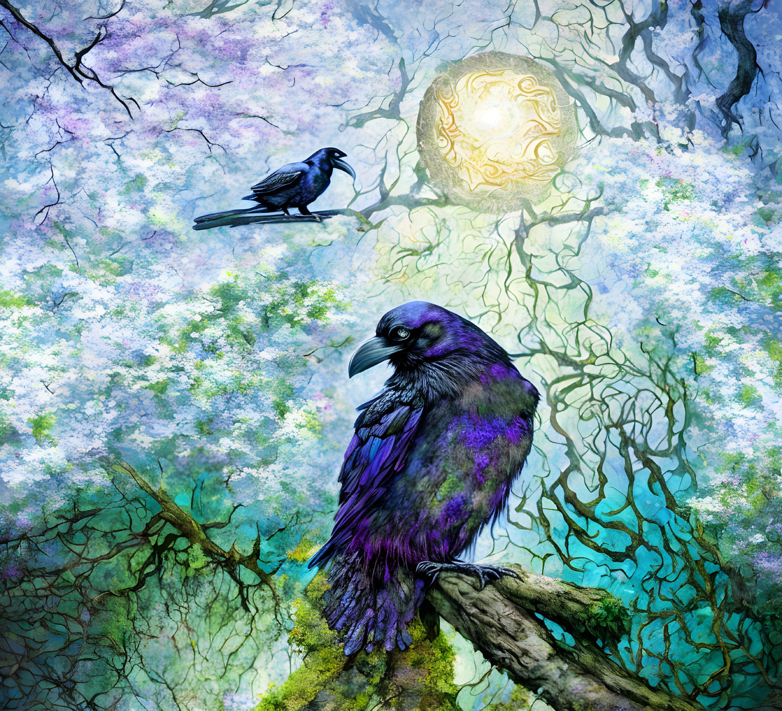 Mystical forest scene with two ravens and golden glow