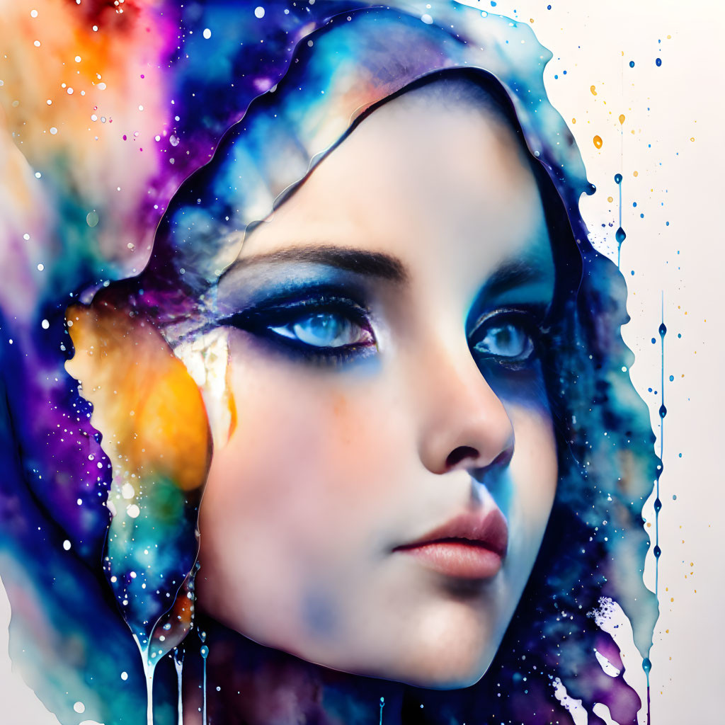 Colorful portrait of a woman with cosmic makeup and paint-splattered background