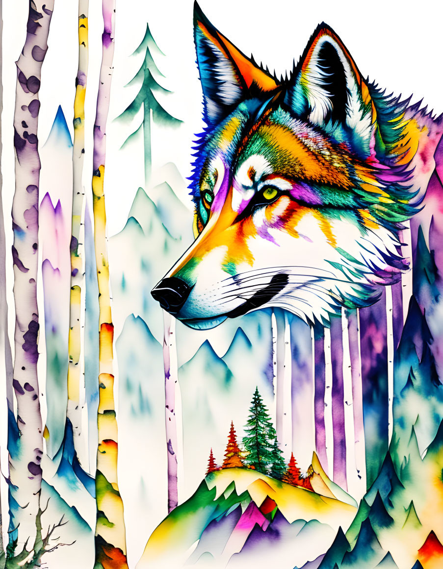 Colorful Wolf Illustration with Watercolor Effect & Nature Background