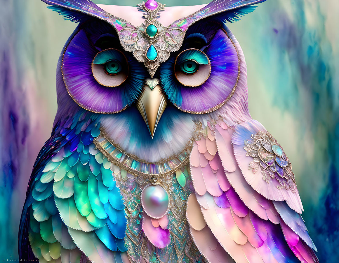 Colorful Owl Illustration with Jewelry and Iridescent Feathers