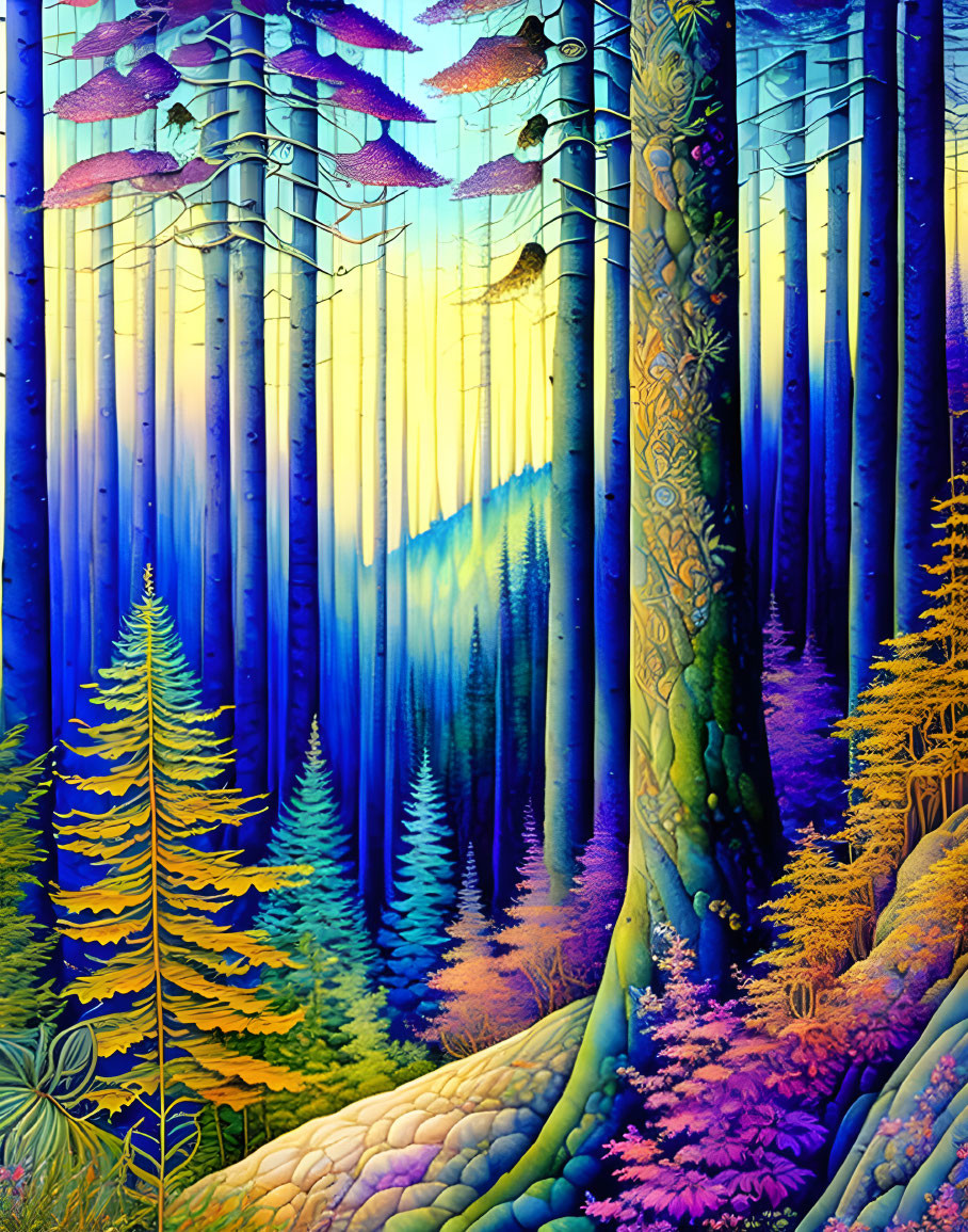 Fantastical forest with blue trees and purple foliage