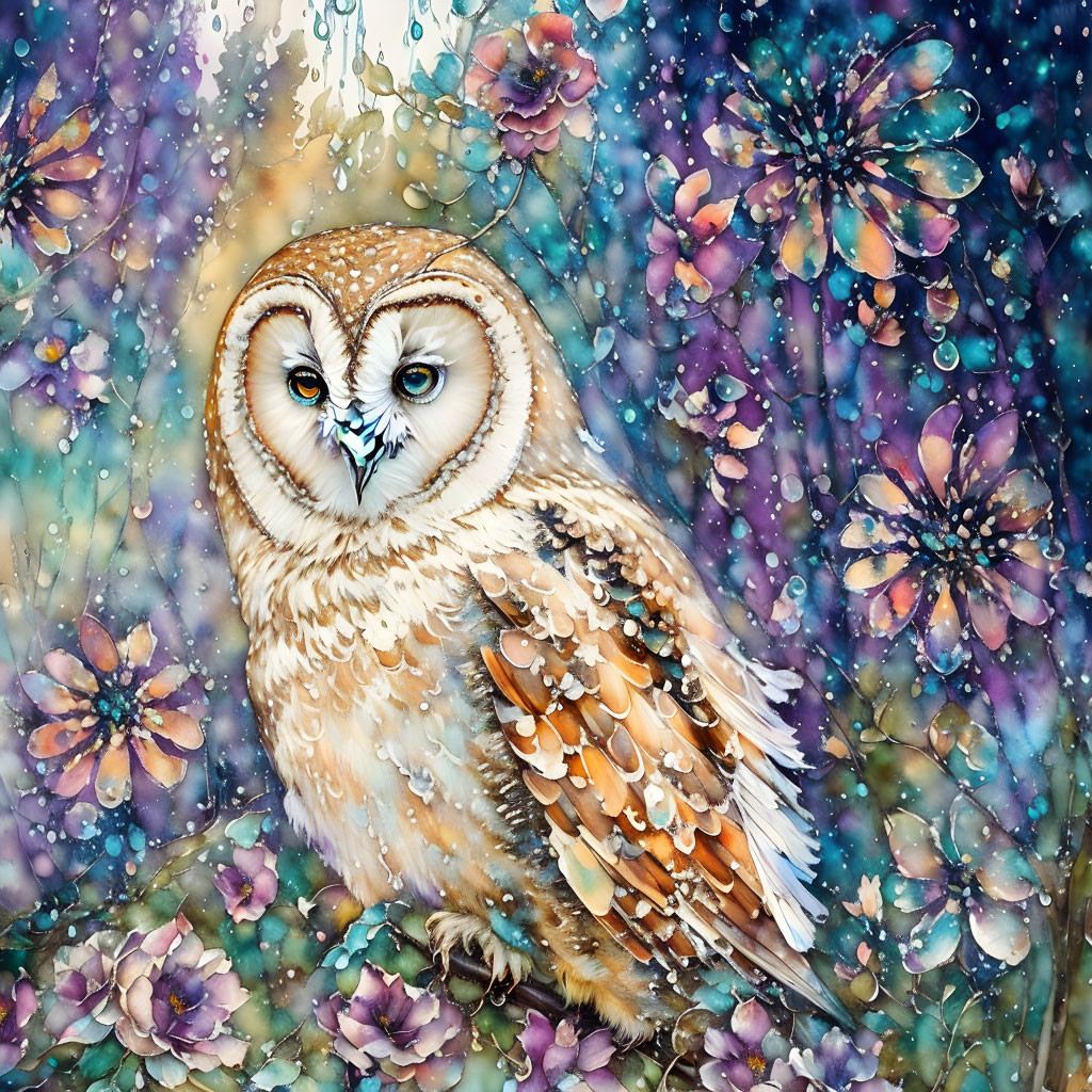 Detailed owl art with colorful floral backdrop and paint splatter effect