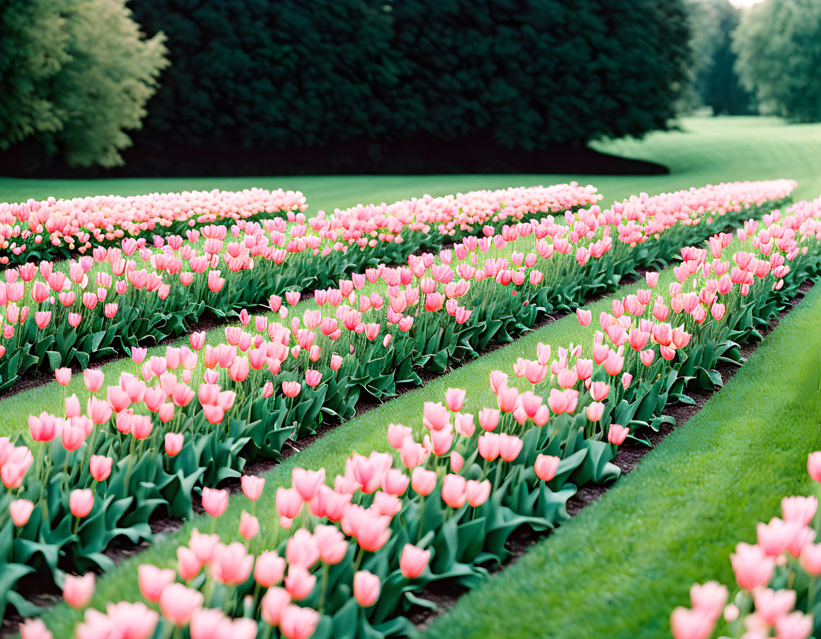 Lush Green Garden with Rows of Pink Tulips