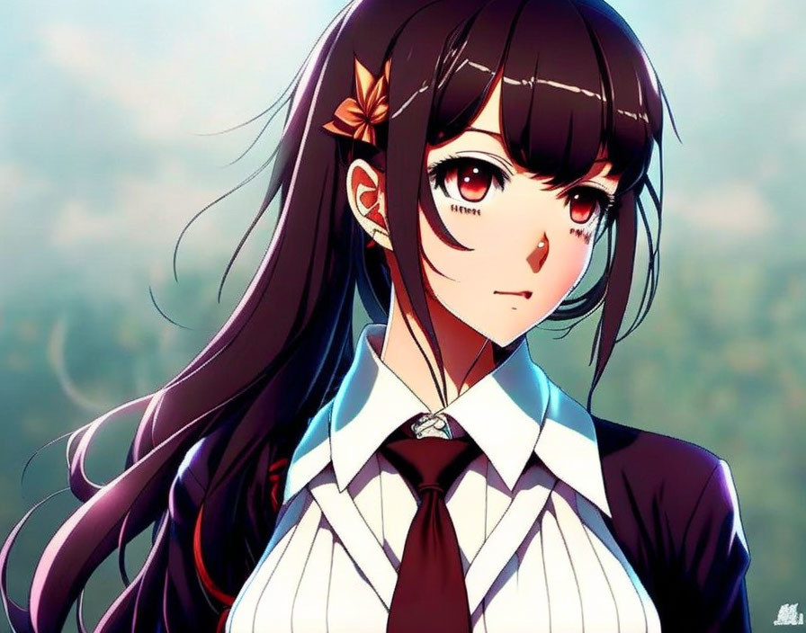 Illustration of Blushing Girl with Long Brown Hair in School Uniform