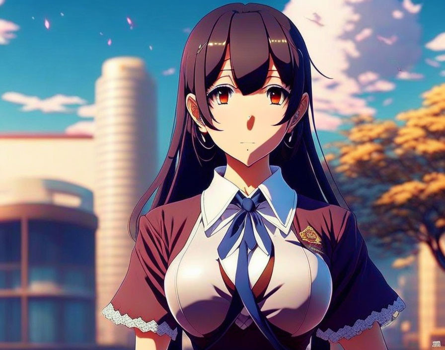 Animated girl in school uniform with long brown hair against sunset sky