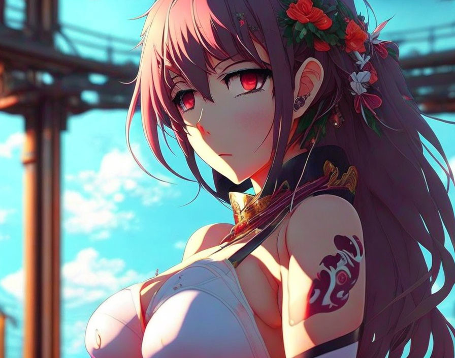 Pink-haired anime girl with red eyes, flower adornment, tattoo, blue sky, industrial backdrop.