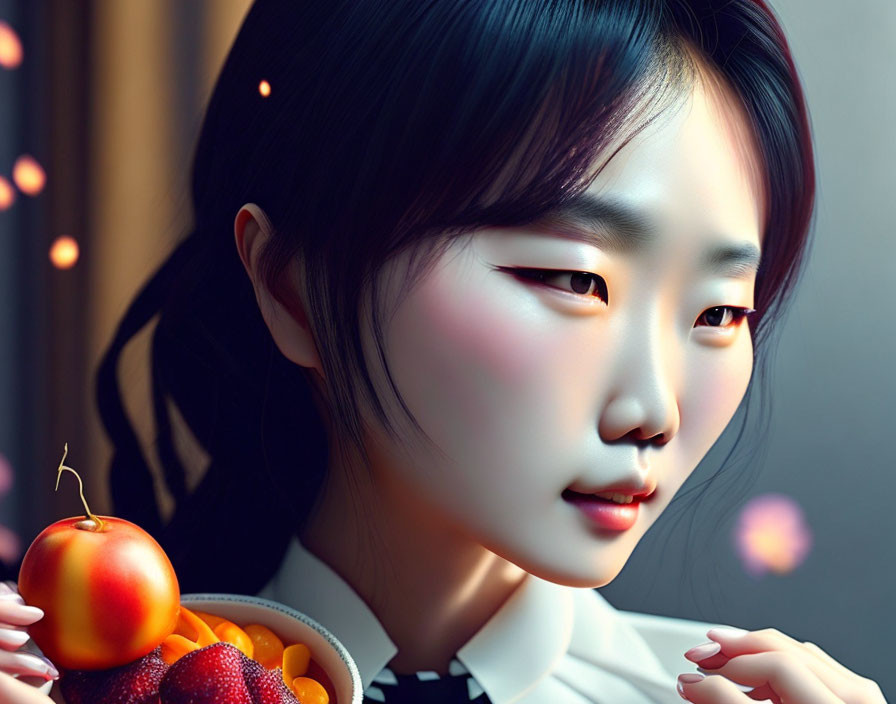 East Asian girl with braided hair holding fruit bowl by window with floating lights