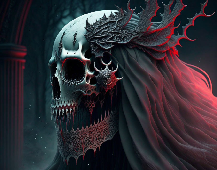 Gothic digital artwork: Stylized skull with intricate patterns and red tendrils.