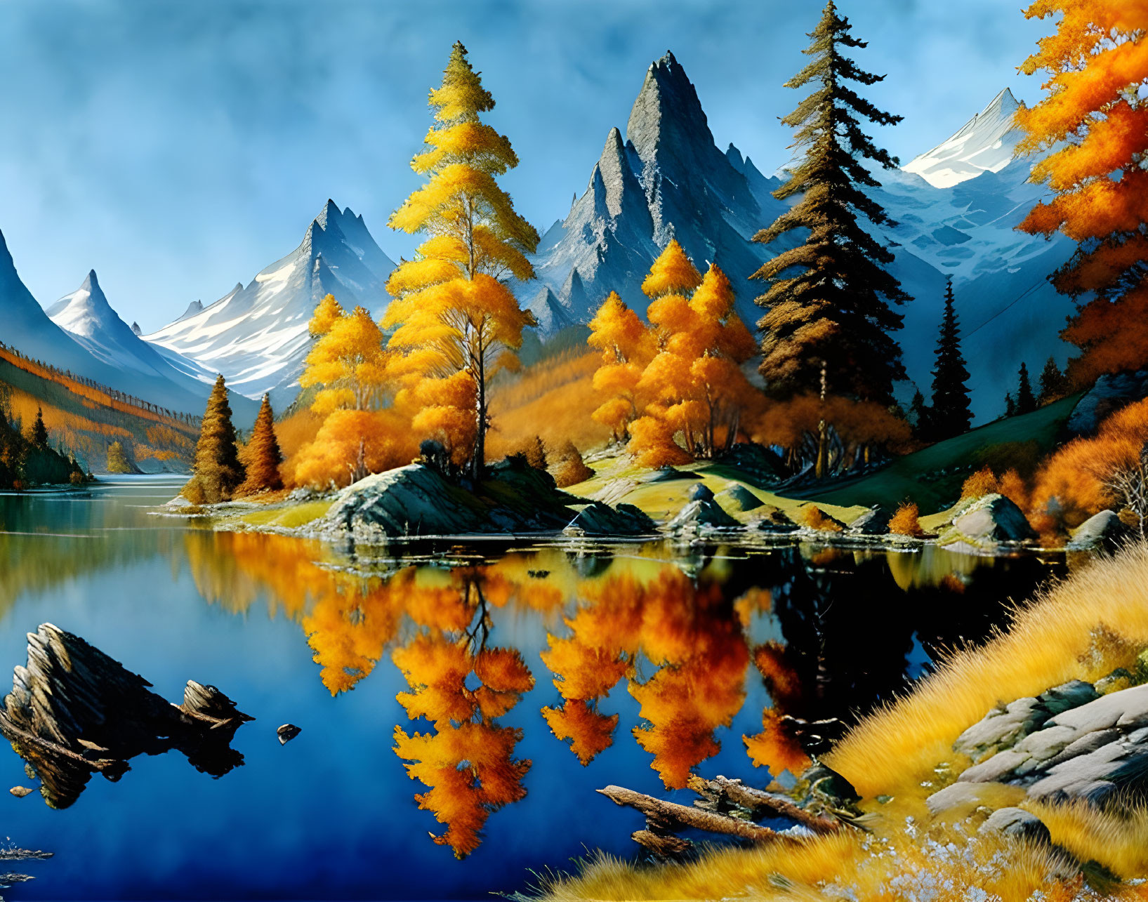 Autumn landscape: Orange trees, lake reflection, mountains, blue sky