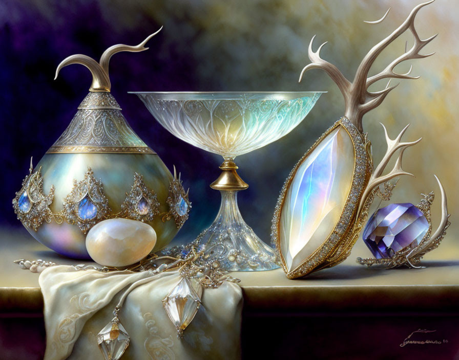 Fantasy-themed ornate objects on draped cloth: vessels, goblet, gemstones, branch