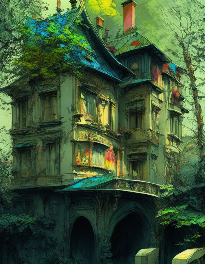 Vibrant three-story house illustration with whimsical and fantasy elements