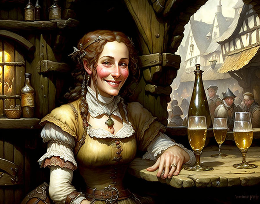 Historical tavern scene with smiling woman and patrons socializing