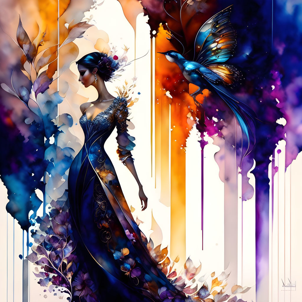 Detailed Flowing Gown & Blue Bird in Vibrant Artwork