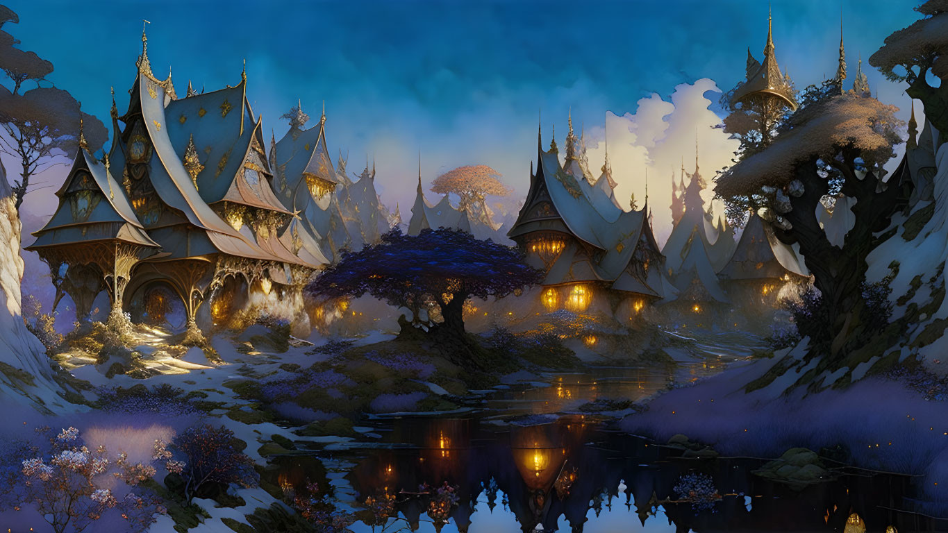 Fantasy twilight landscape with snowy buildings and illuminated trees