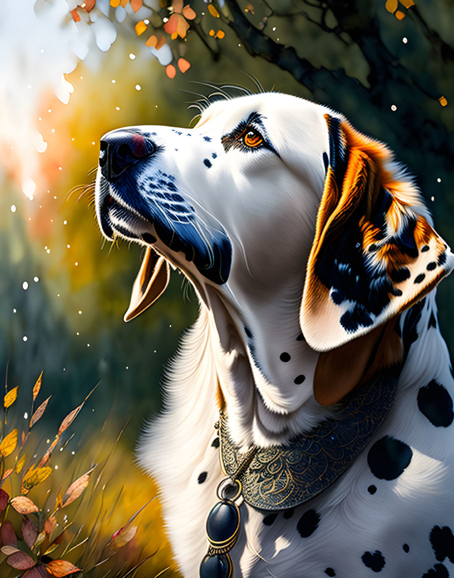 Dalmatian with decorated collar in autumn setting