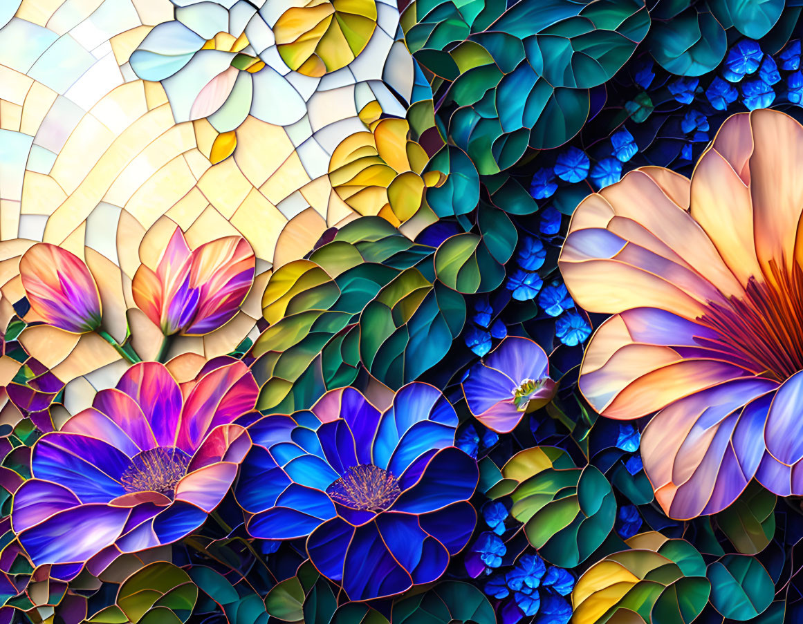 Colorful Blooming Flowers in Stained Glass Style