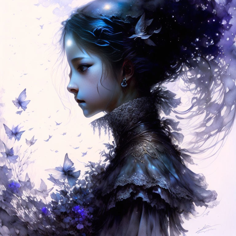 Ethereal girl with butterflies in cosmic-themed digital art