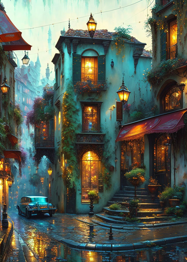 Vintage cobblestone street with lanterns, ivy-covered buildings, classic car at dusk