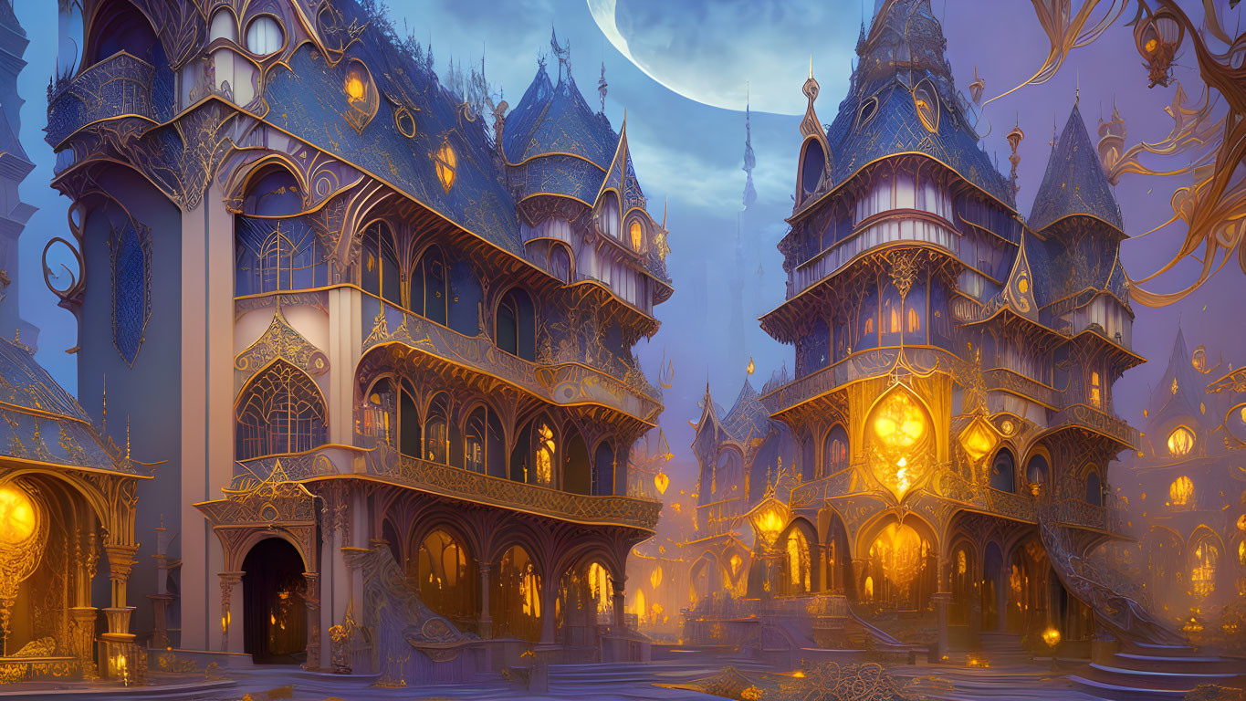 Fantasy castle with golden accents under moonlit sky