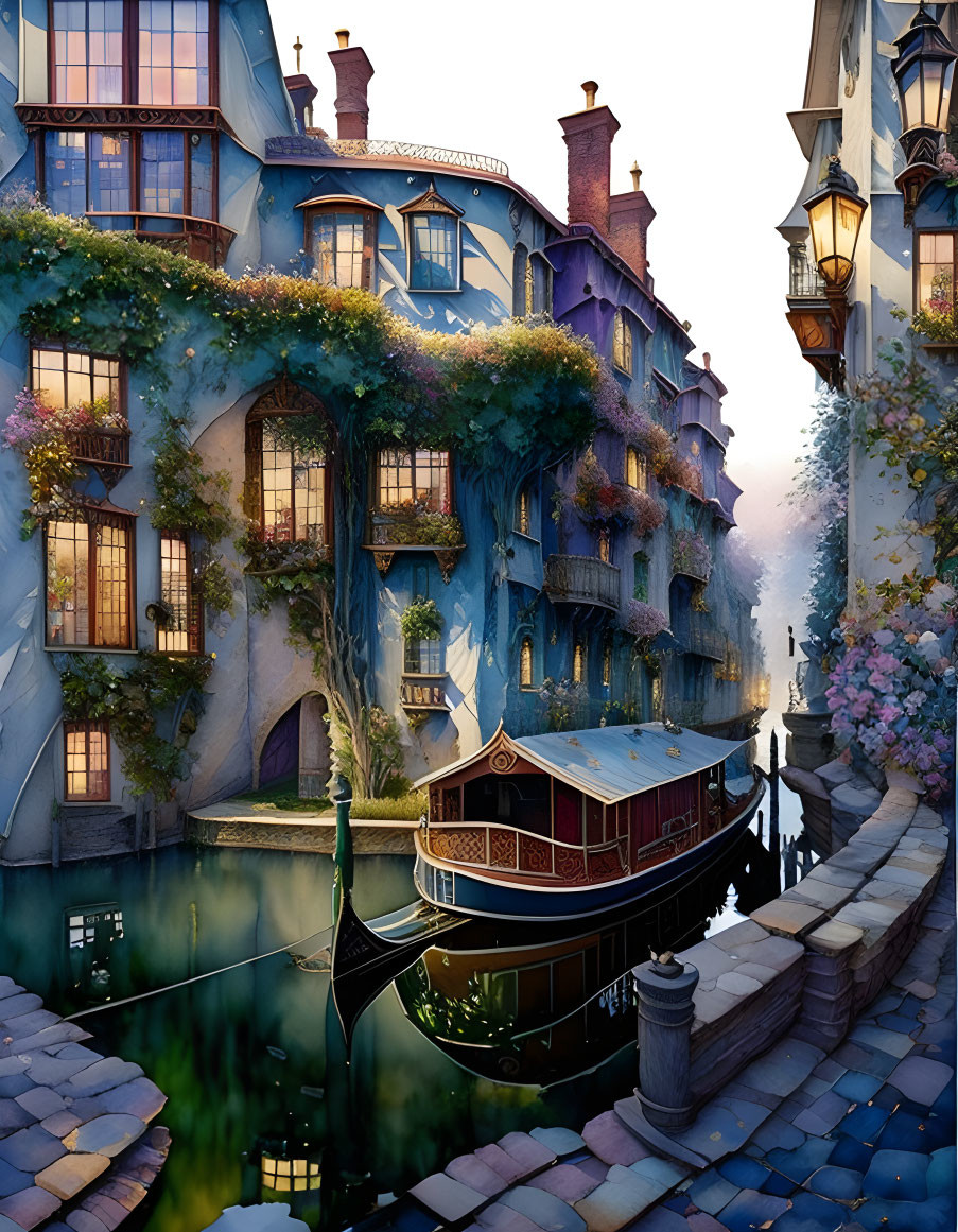 European-style canal with ivy-covered buildings, gondola, classic boat, and bridge.