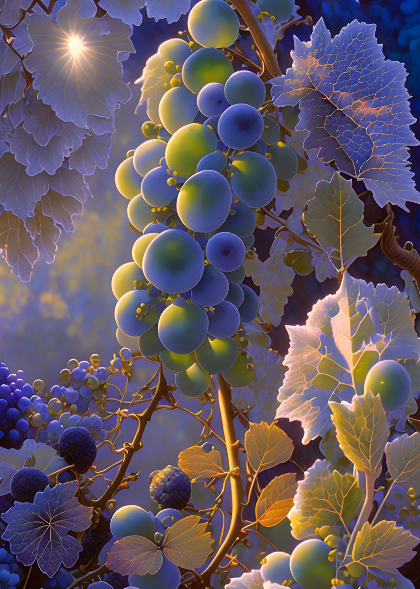 Ripe grapes cluster in surreal, luminescent vine scene