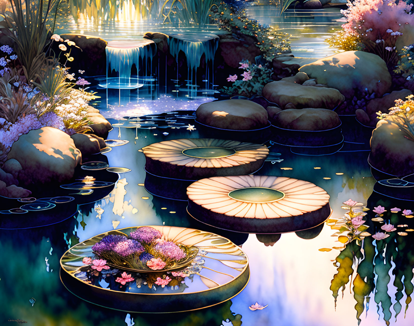 Tranquil water scene with blooming lily pads and waterfalls