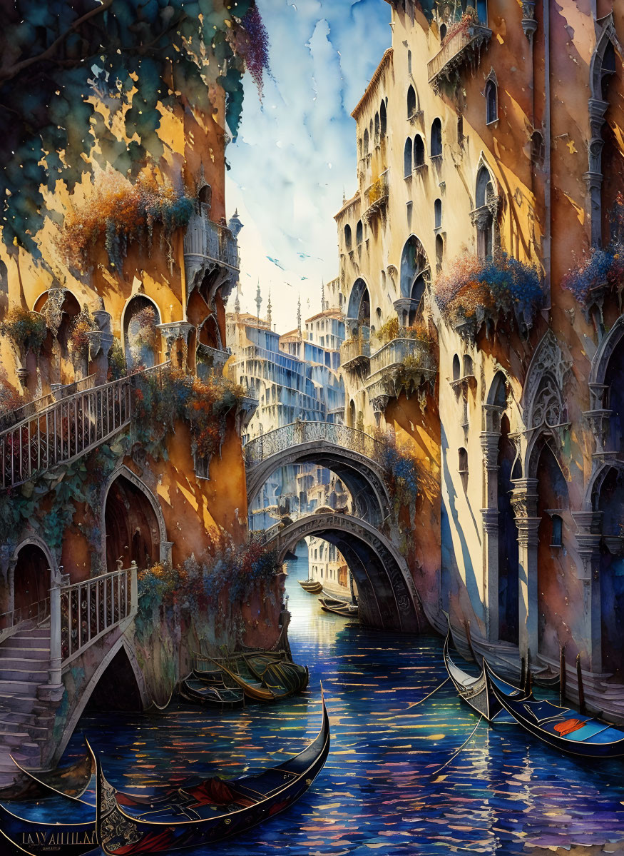 Fantasy Venetian Canal with Gondolas and Ornate Buildings