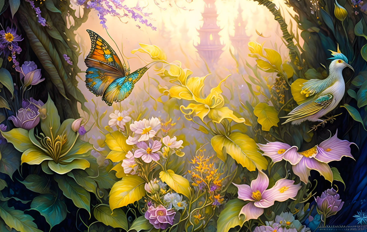 Colorful Fantasy Garden with Flowers, Bird, Butterfly, and Castle