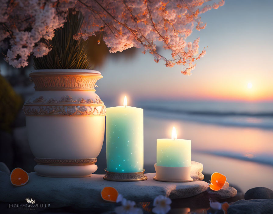Candles, Pebbles, Sea Sunset, Cherry Blossoms, Gemstones