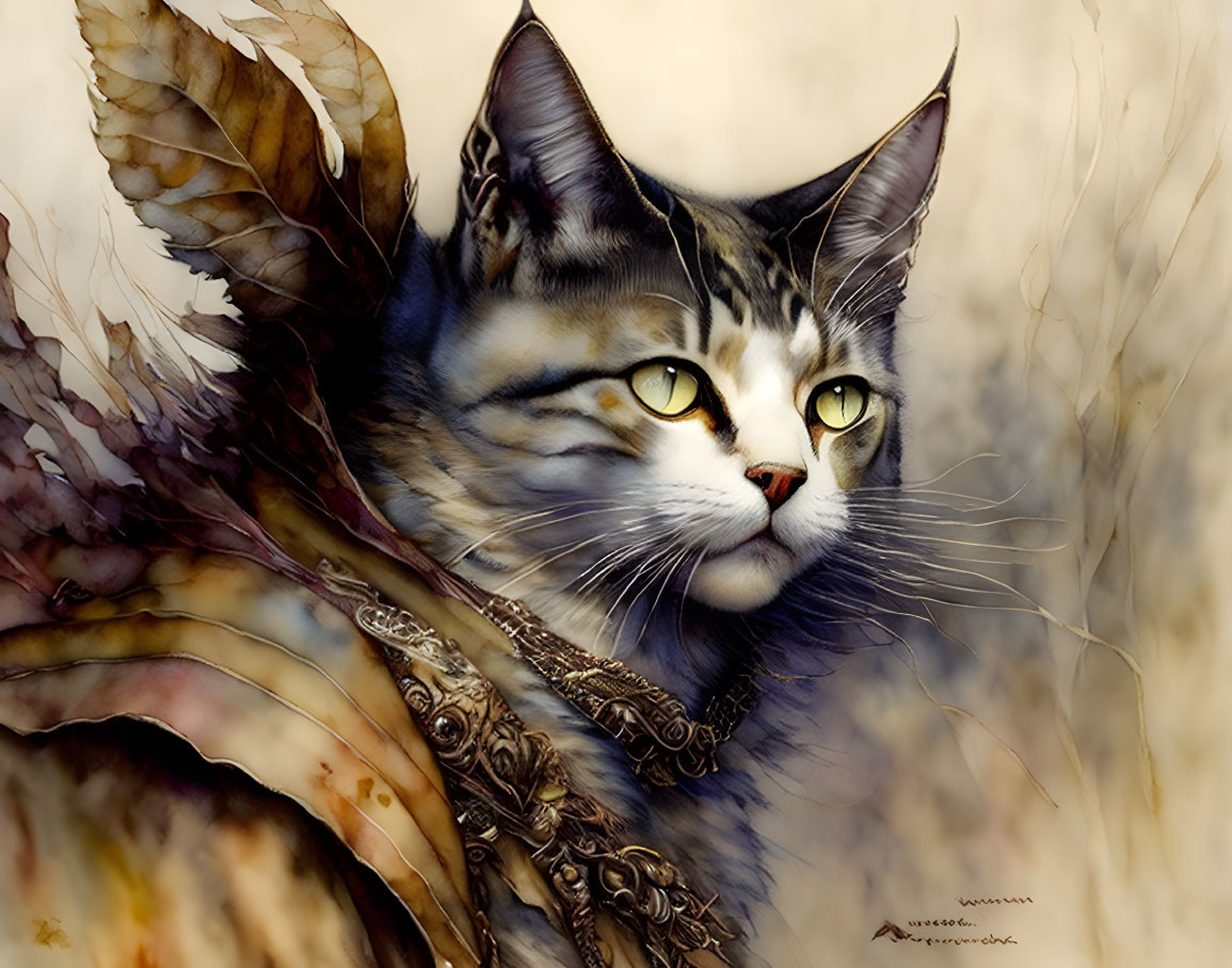 Digital Artwork: Cat with Butterfly Wings and Armor on Creamy Background