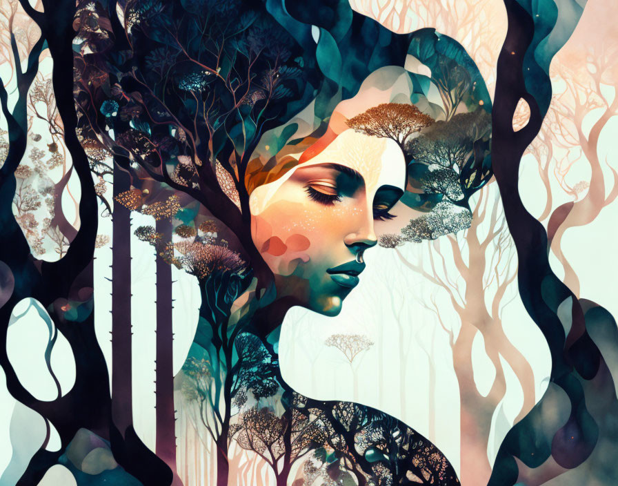 Woman's profile intertwined with tree designs in a surreal forest setting