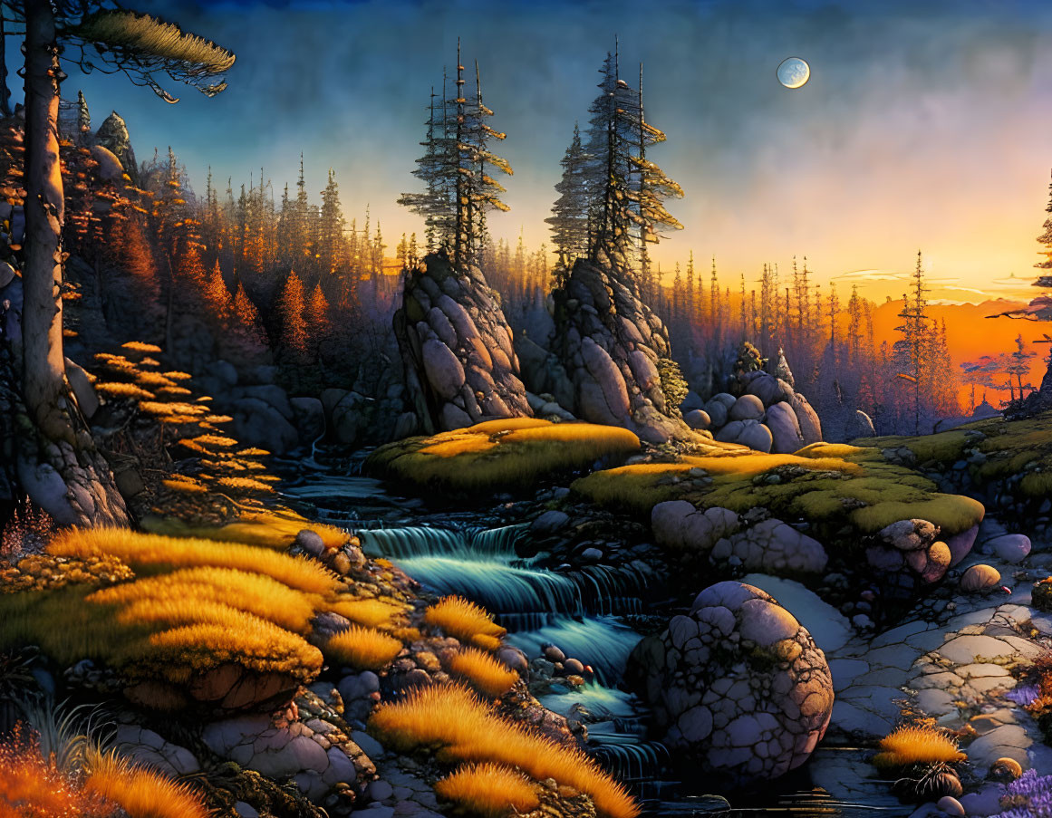 Tranquil sunset landscape with brook, moss-covered stones, pine trees, and crescent moon