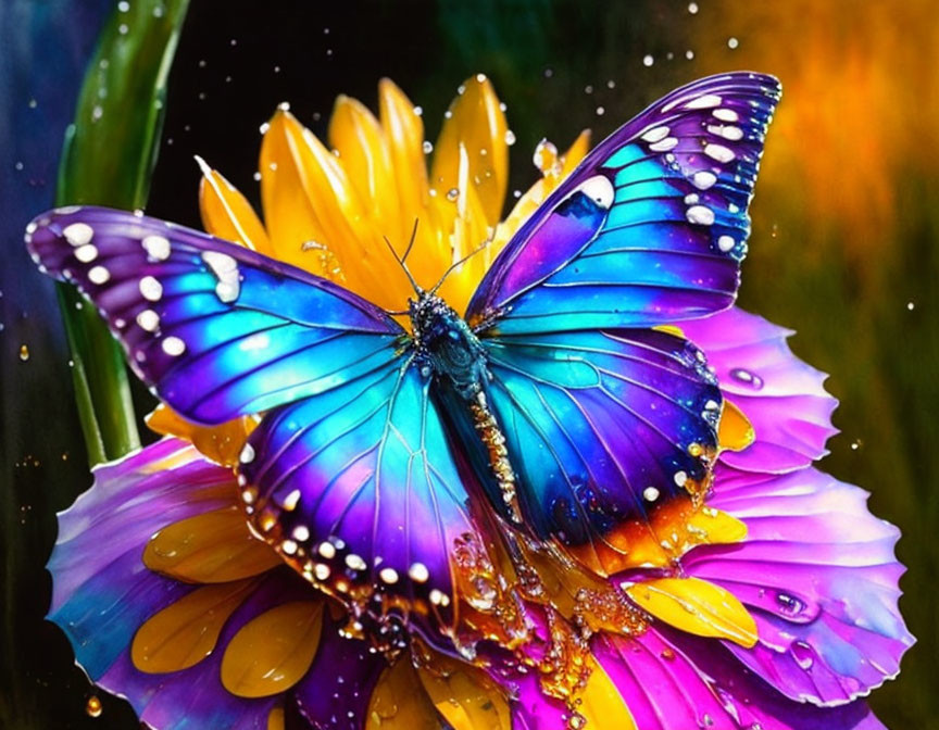 Colorful Butterfly Resting on Multicolored Flower with Water Droplets