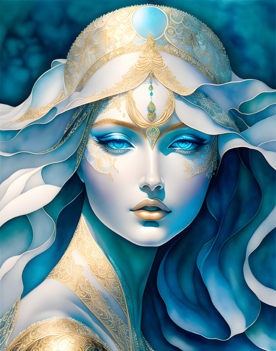 Mystical woman with blue skin and gold jewelry on blue backdrop