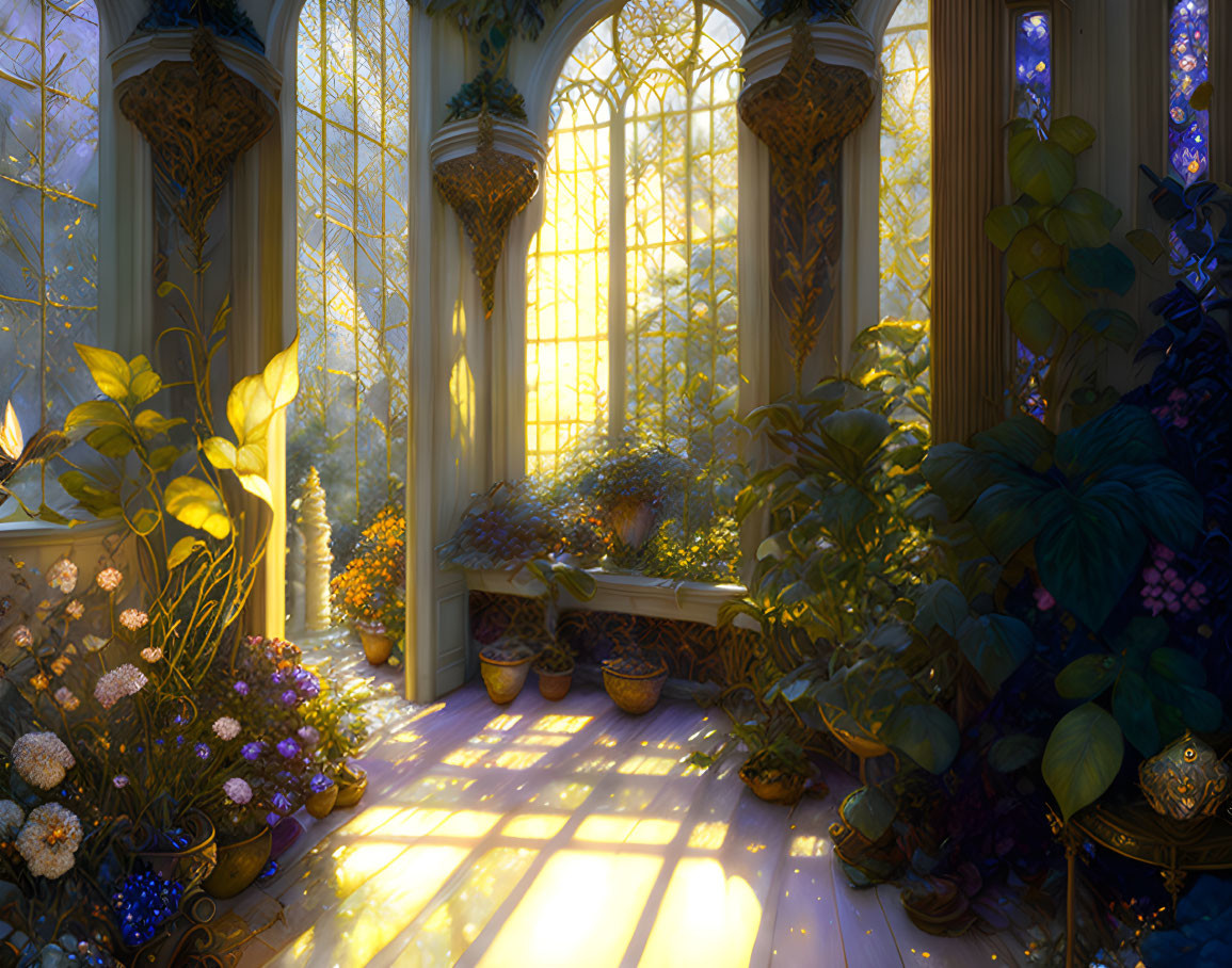 Gothic window sunlight illuminates plant-filled room