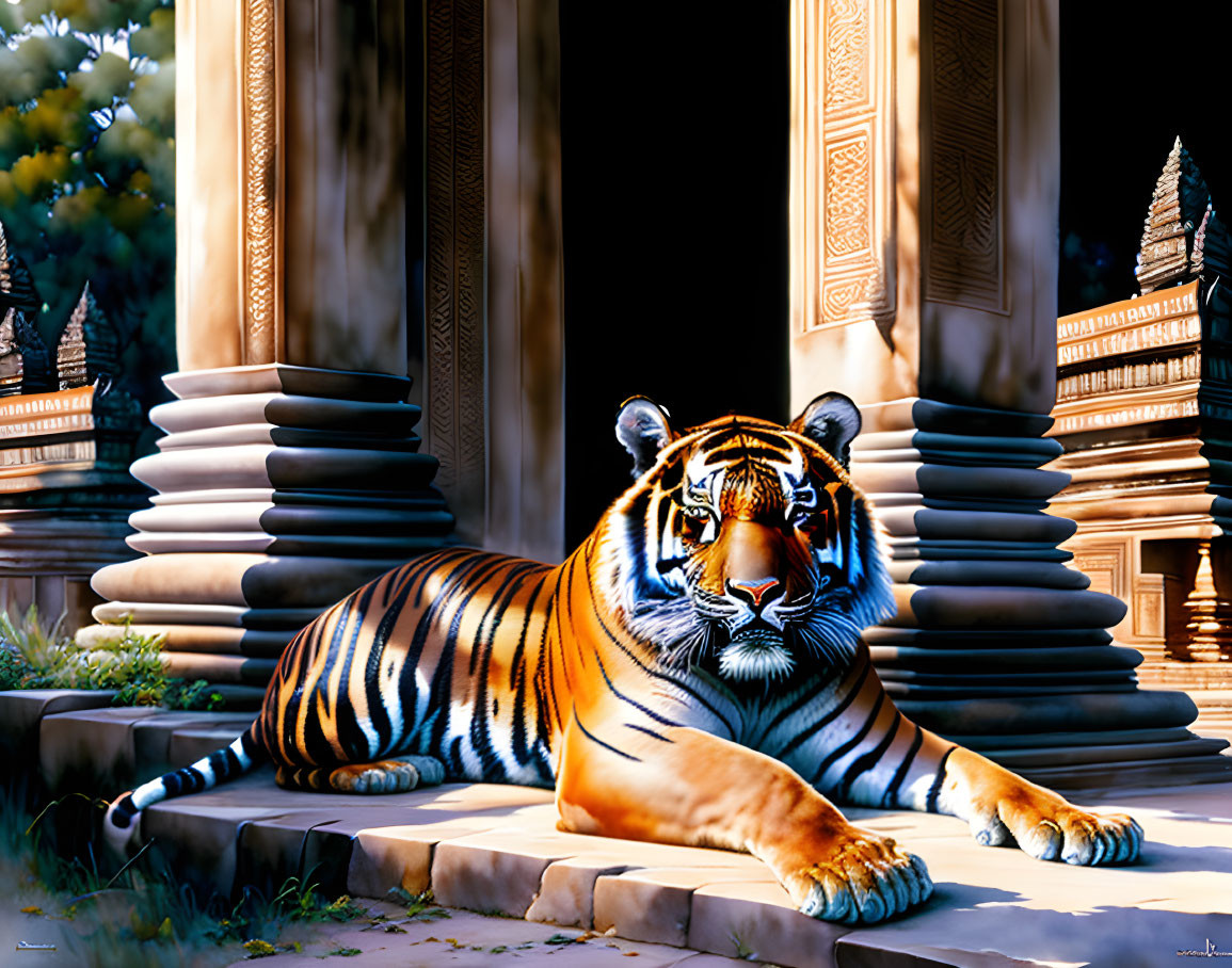 Majestic tiger resting on temple floor with ornate pillars