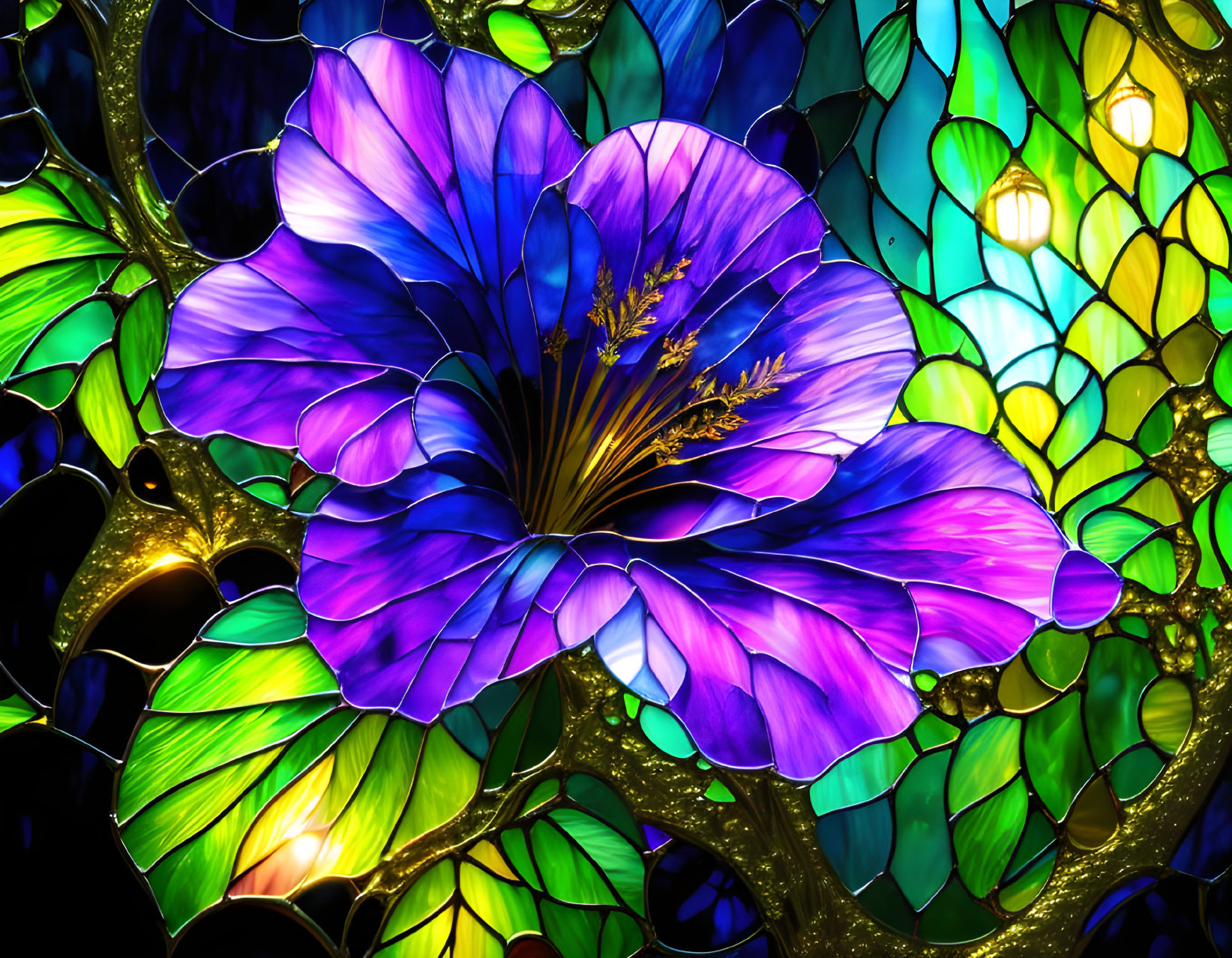 Colorful Stained Glass Artwork of Blue and Purple Flower