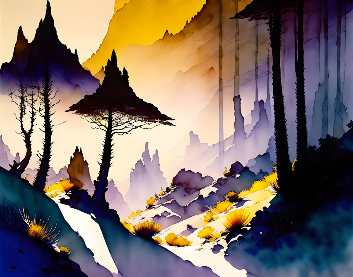 Colorful mystical landscape with silhouette trees and gradient sky