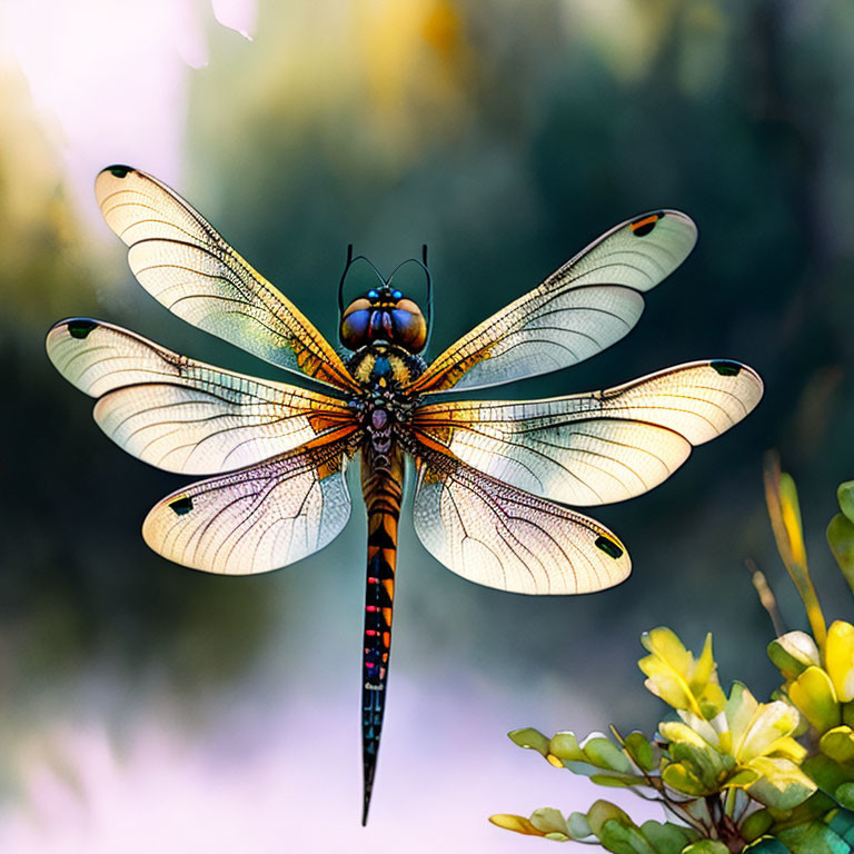 Translucent-winged dragonfly perched on vegetation with soft backlighting