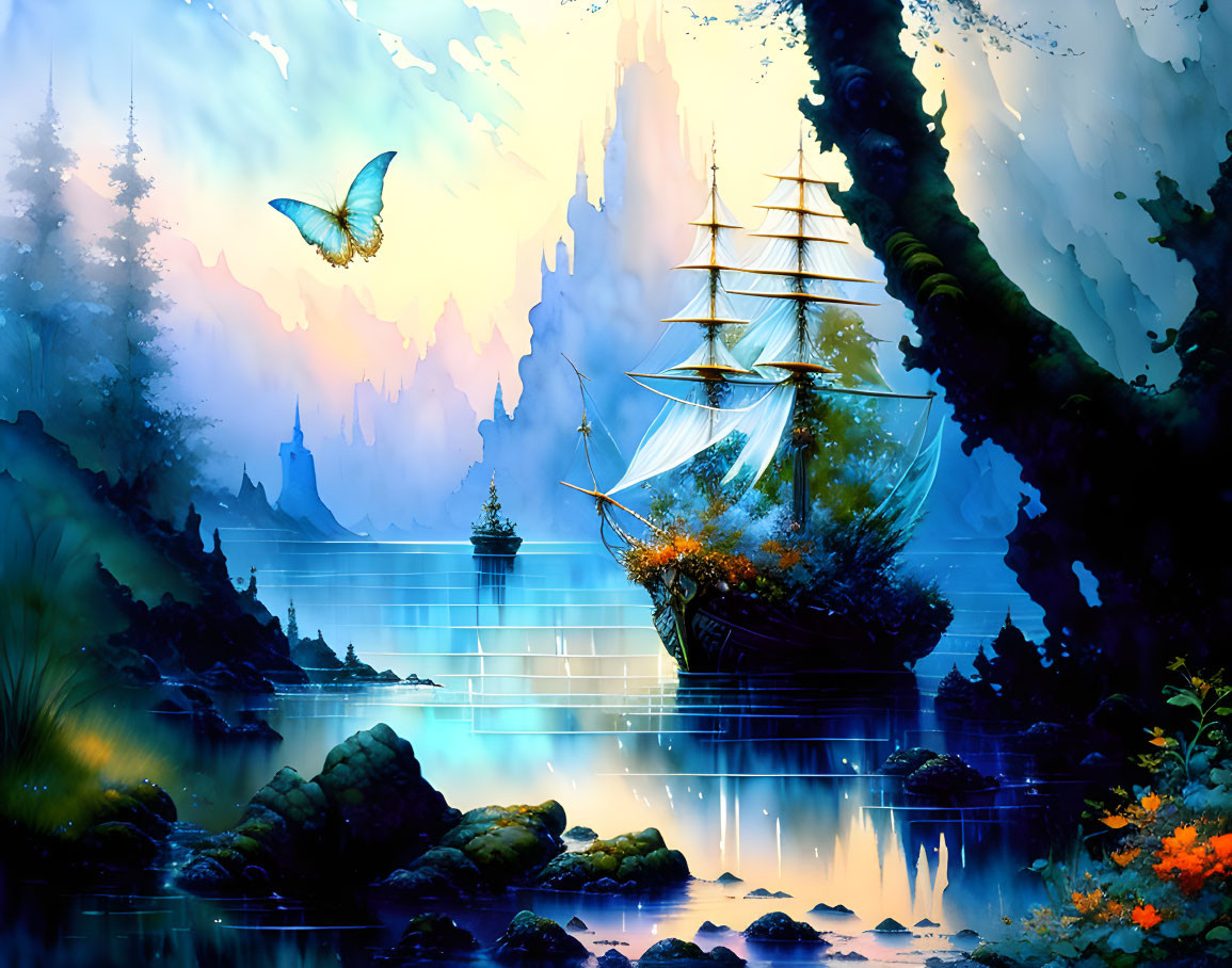 Fantasy landscape with sailing ship, castle, foliage, and butterfly