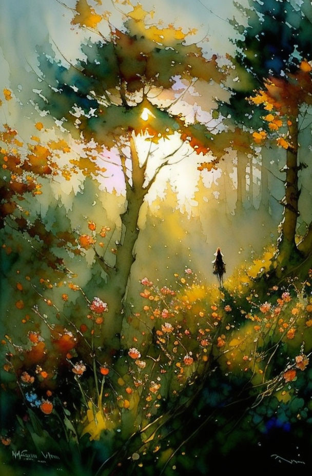 Autumn forest painting with lone figure in vibrant colors