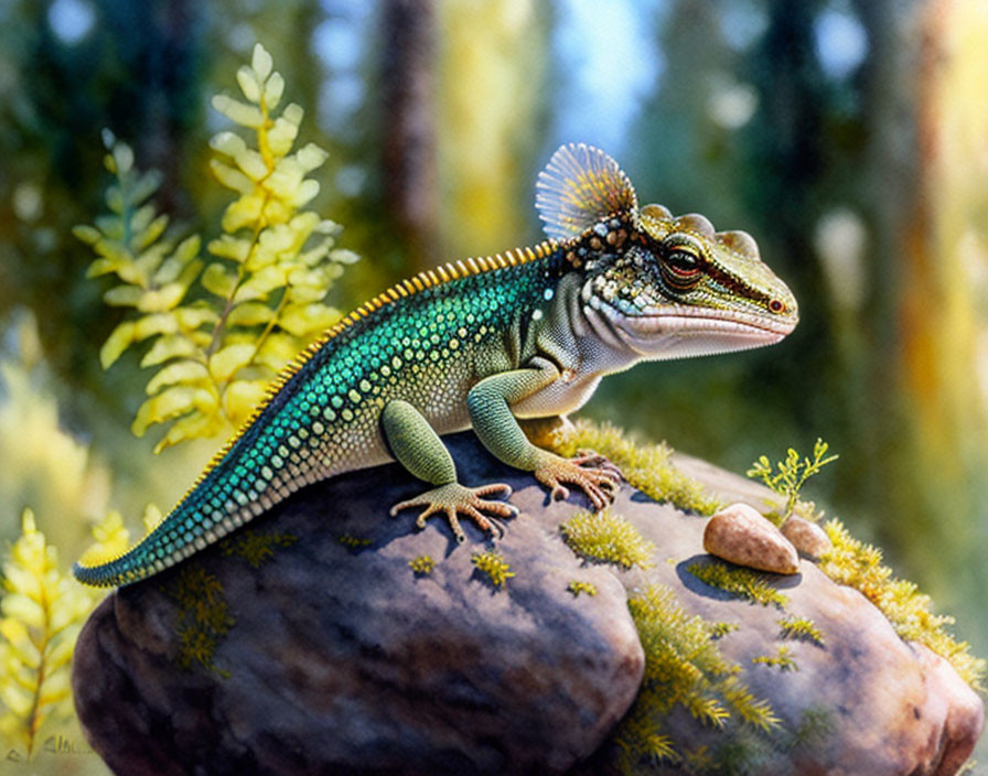 Detailed painting: Green lizard with blue spots and ornate frill in lush forest.