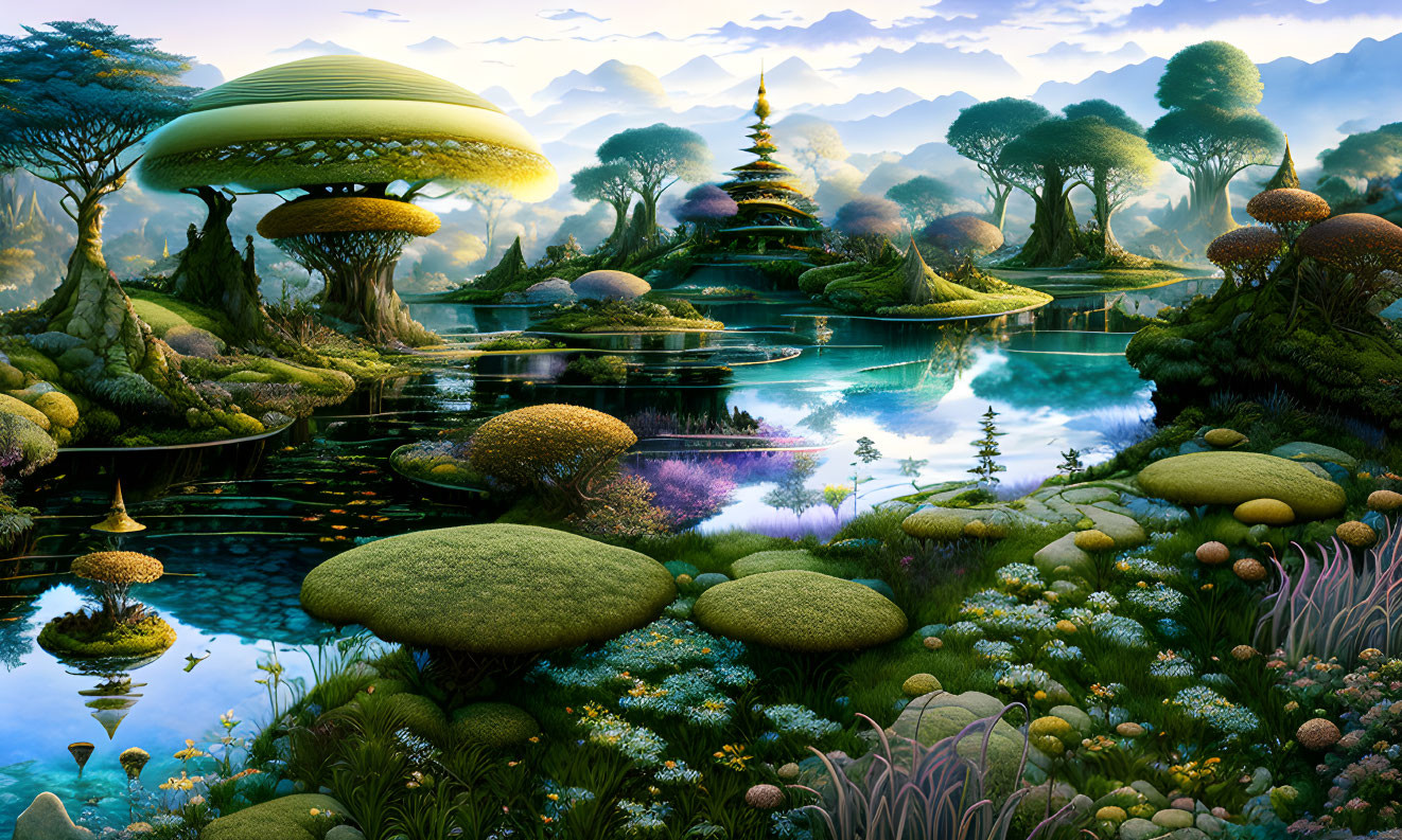 Fantastical landscape with mushroom trees and golden pagoda