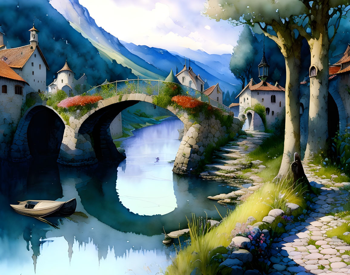 Tranquil village scene: cobblestone paths, stone bridge, traditional houses, lush greenery