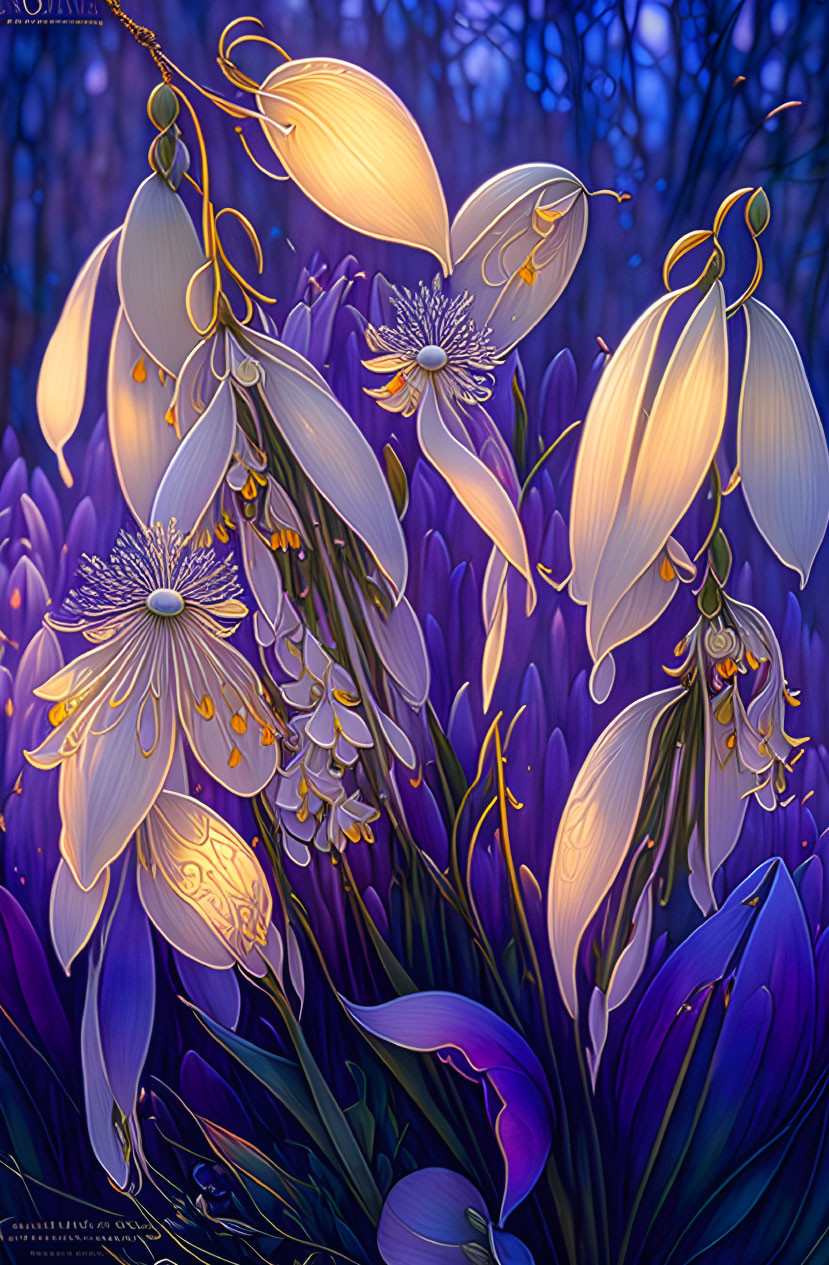 Twilight scene: White flowers with yellow accents blooming in blue and purple foliage