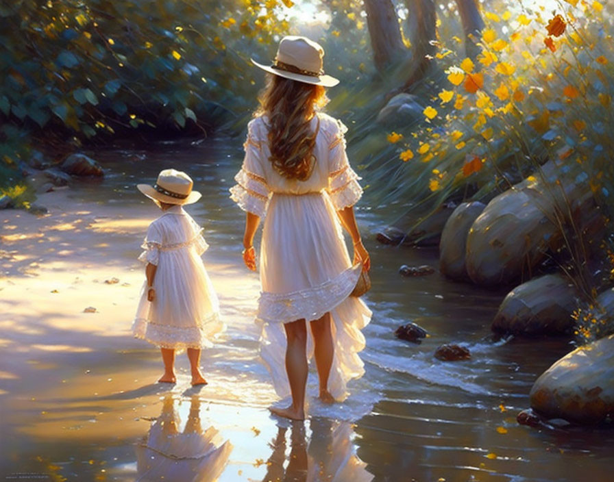 Woman and Child in White Dresses Standing in Sunlit Stream