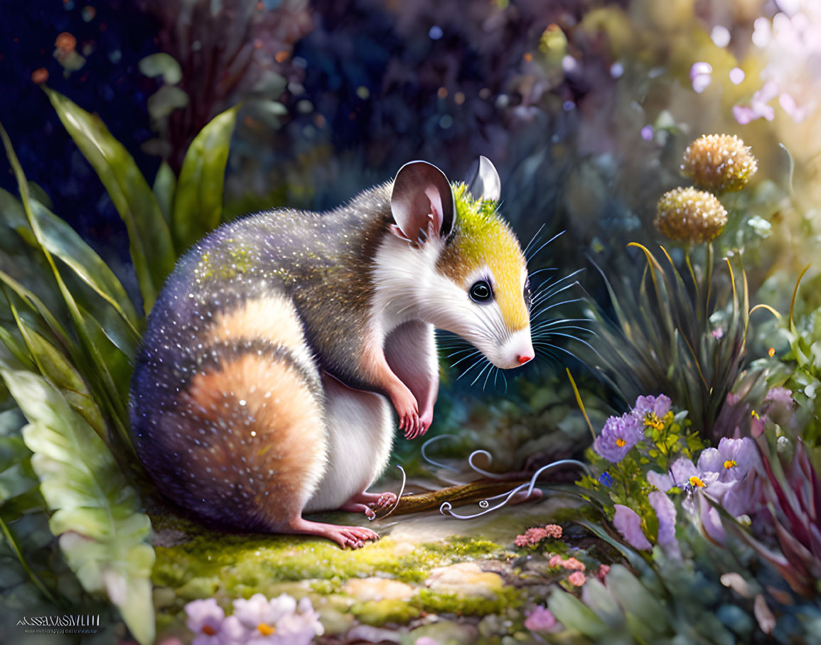 Illustration: Whimsical mouse with starry fur in magical forest