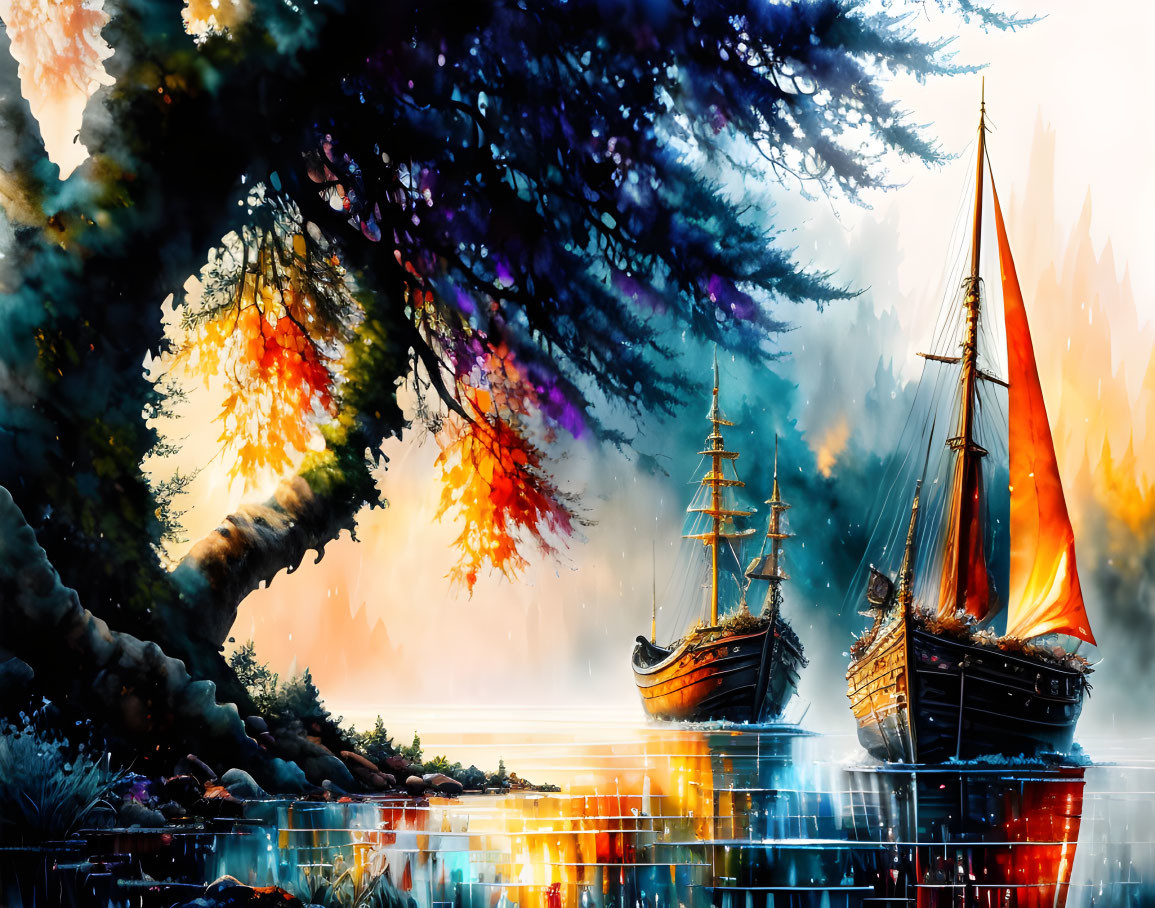 Majestic sailing ships with red and orange sails near vibrant forest.