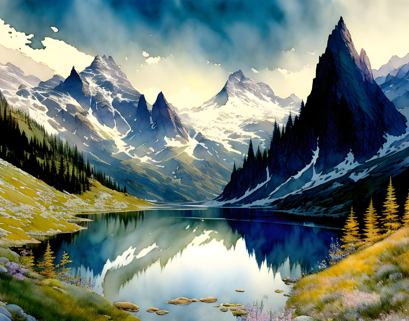 Tranquil lake and lush mountain landscape with dynamic sky