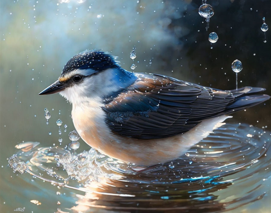 Brown and White Bird Perched in Water with Sparkling Droplets